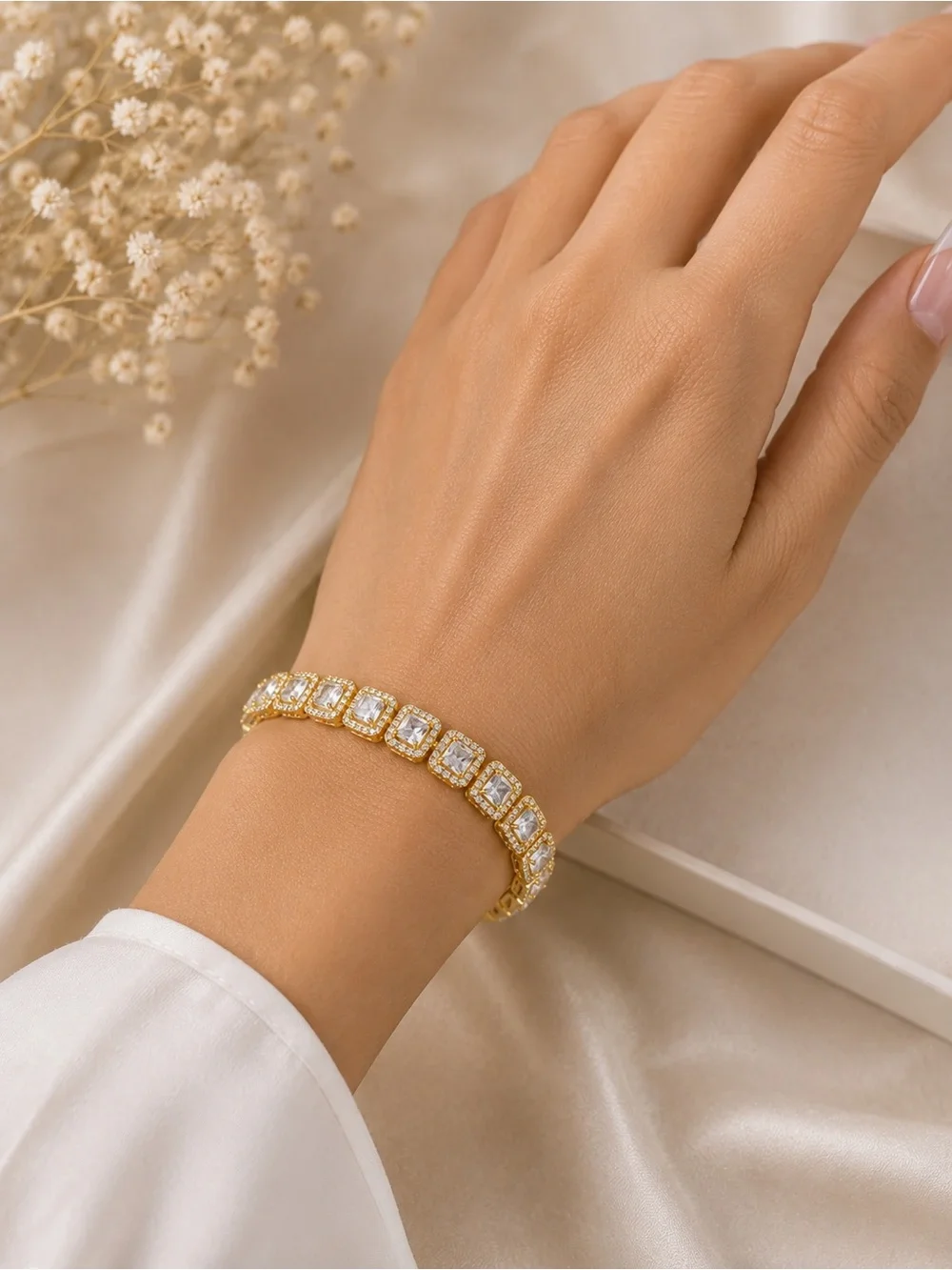 Brazilian Gold Square-Cut CZ Tennis Bracelet- Luxury Statement Jewelry